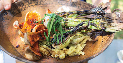 Grilled King Oyster Mushrooms Pok Choi and Smashed Baby Potatoes