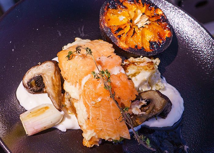 11 - Grilled Cauliflower and Portobello Mushrooms with grilled orange Salmon