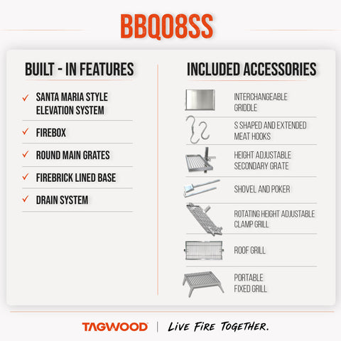 360° Open Fire Santa Maria Grill Built-in TAGWOOD BBQ08SS | Pre-Order