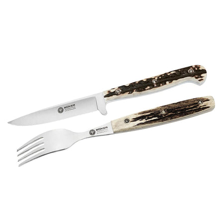 BOKER Premiun Meat Fork, Carving & Steak Knives & Sharpening Tool Set, KF02